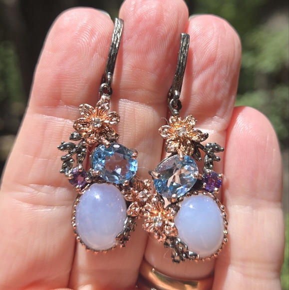 Chalcedony Topaz Amethyst Aquamarine Sterling Rhodium & Rosegold Floral Earrings - Picture 7 of 10